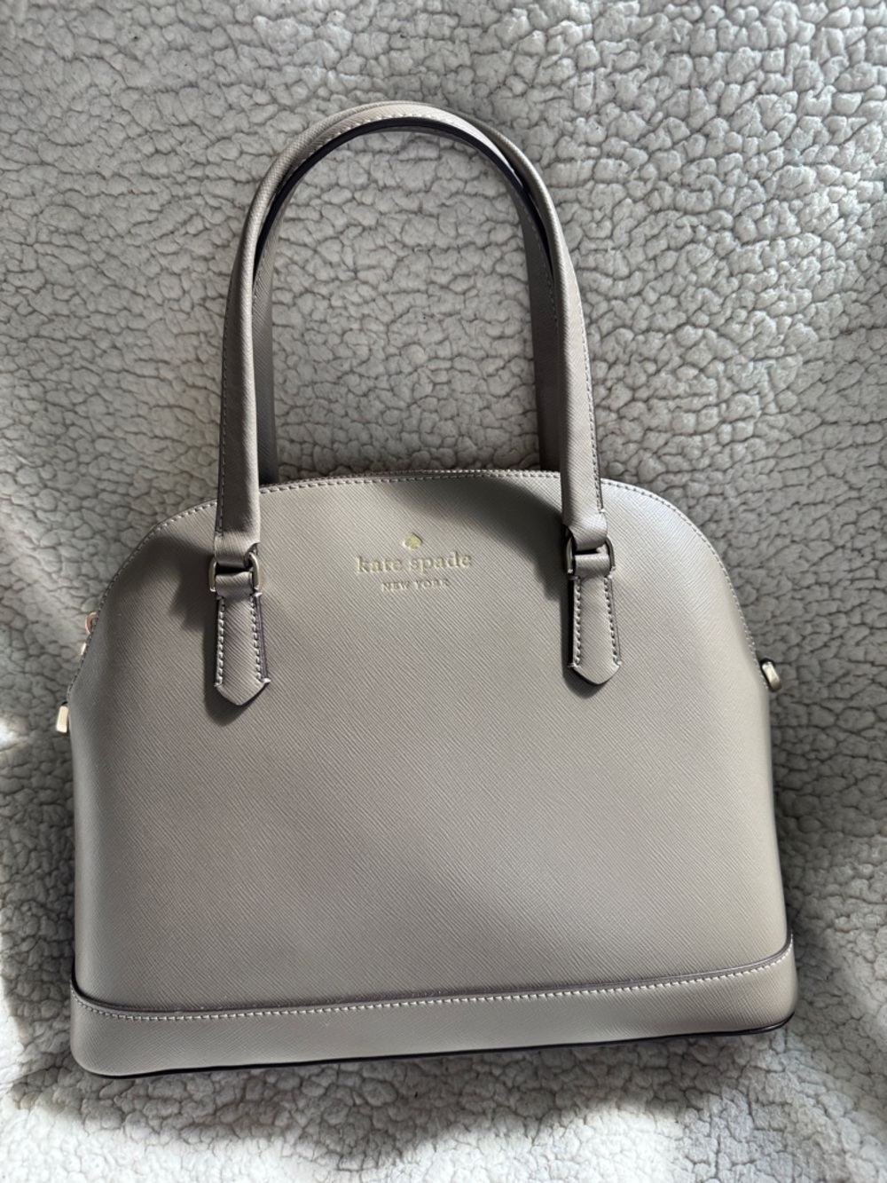 kate spade taupe Saffiano dome satchel with gold logo